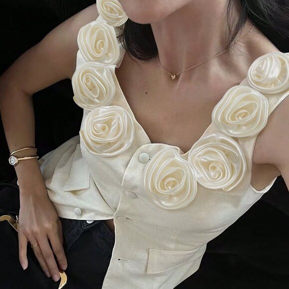 Women's Elegant 3d Floral Decor Front Button down Sexy Top - Picture 4 of 8